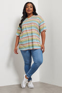 Büyük Beden V Yaka Çizgili Zebra Desenli T-shirt 303953