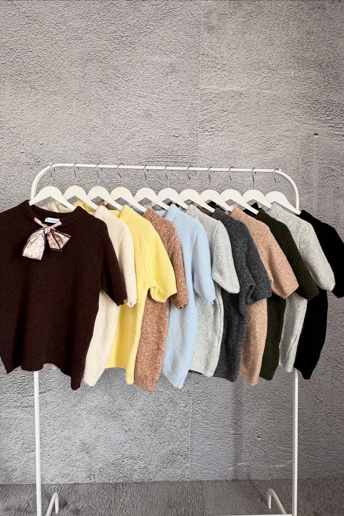 Fularlı Bisiklet Yaka Kısa Kollu Triko T-shirt E-311