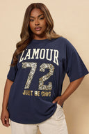 Büyük Beden Kısa Kollu Bisiklet Yaka Metalik Baskılı T-shirt 304180