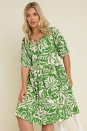 Büyük Beden Yakası Büzgülü Çiçek Desenli Mini Elbise 304112