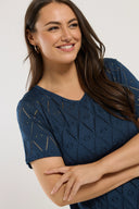 Büyük Beden V Yaka Kısa Kollu Dantel Detaylı Astarsız Bluz 303263