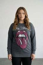 Gri baskılı büyük beden kadın sweatshirt ön çekim