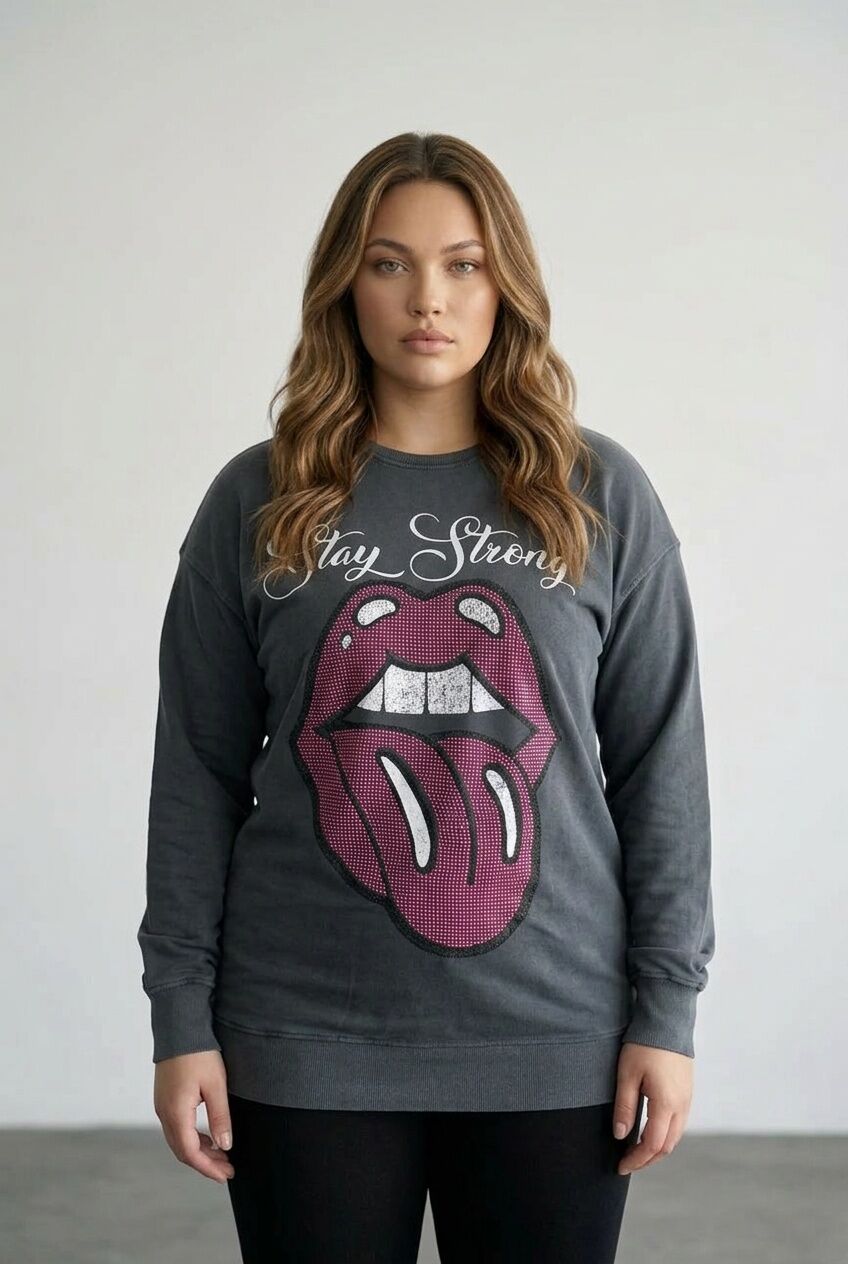 Gri baskılı büyük beden kadın sweatshirt ön çekim