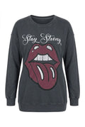 Gri baskılı pul detaylı büyük beden kadın sweatshirt ön