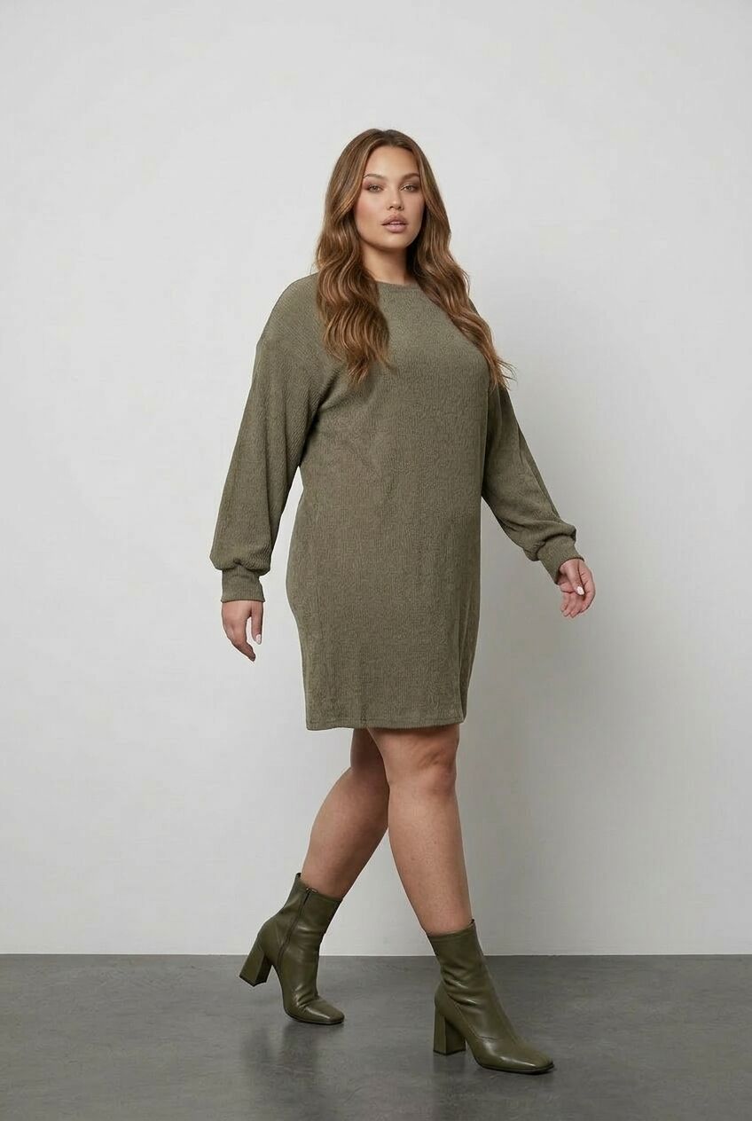 Haki düz büyük beden kadın elbise ön çekim