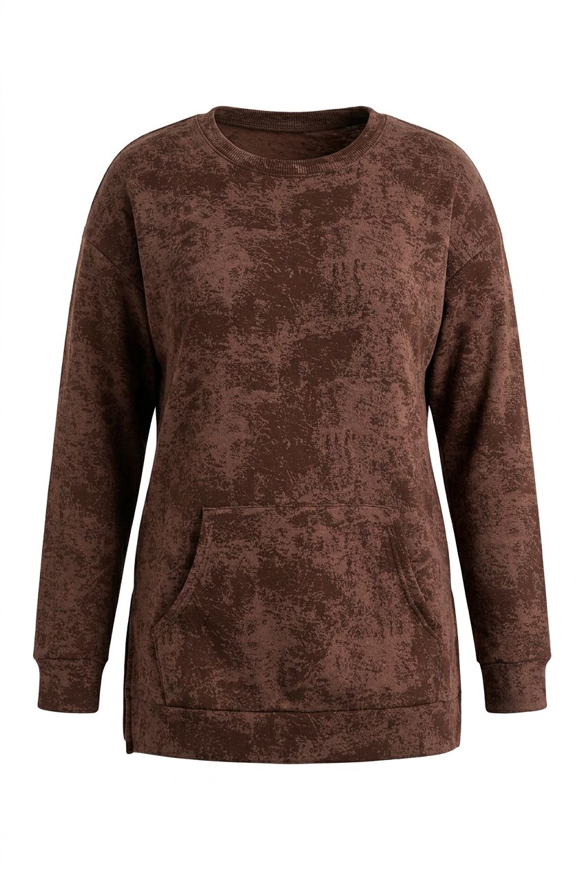Kahverengi desenli büyük beden kadın sweatshirt ön çekim