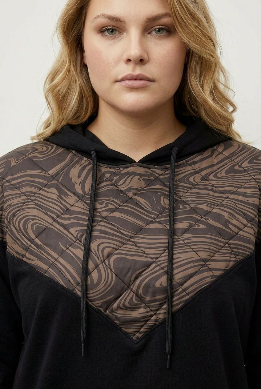 Kahverengi kapitone detaylı büyük beden kadın sweatshirt ön çekim