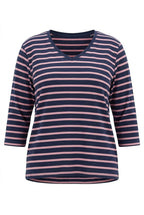 Lacivert pembe çizgili büyük beden kadın sweatshirt ön