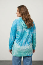 Mavi batik desenli büyük beden kadın kapüşonlu sweatshirt arka