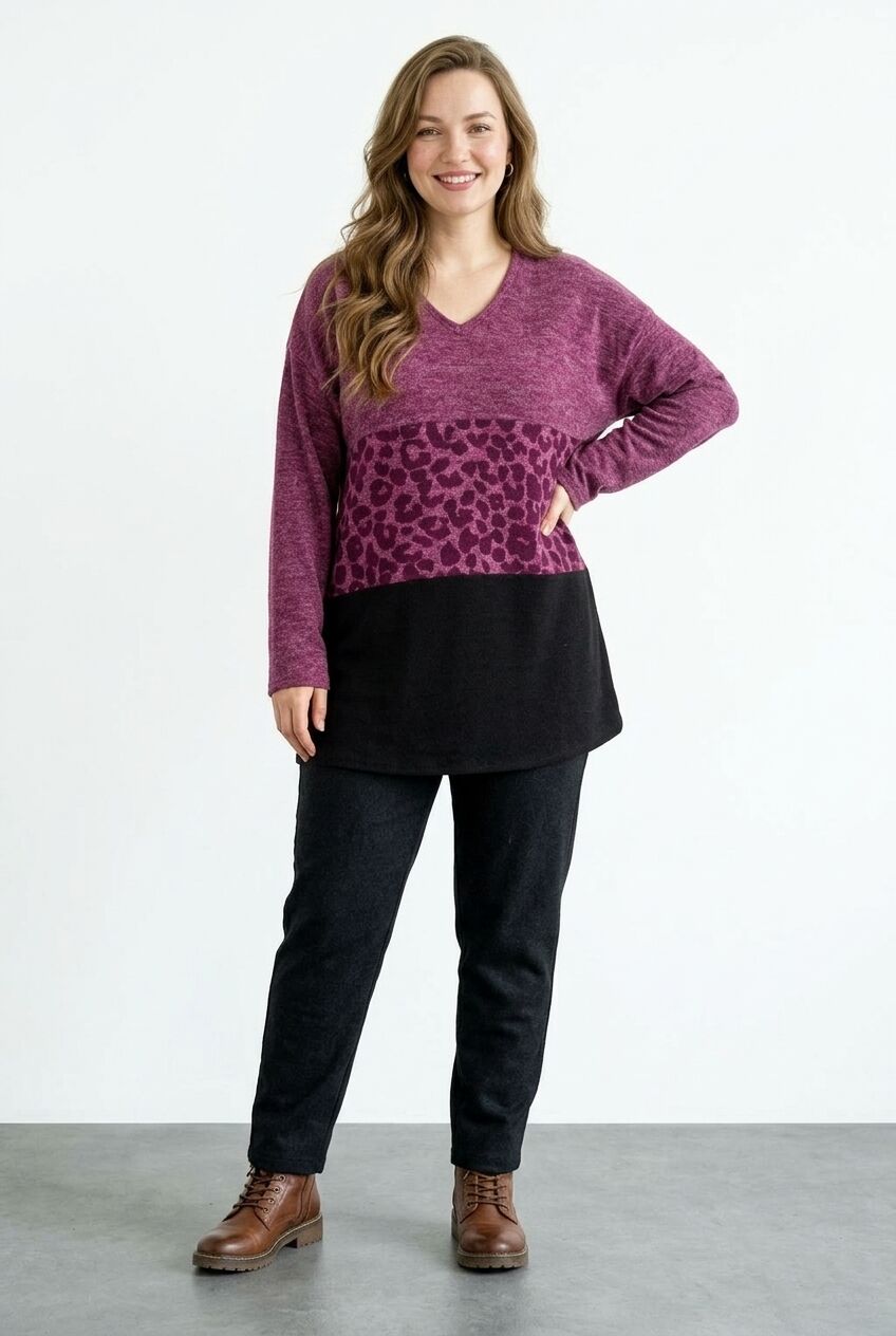 Mor leopar desenli büyük beden kadın sweatshirt ön çekim