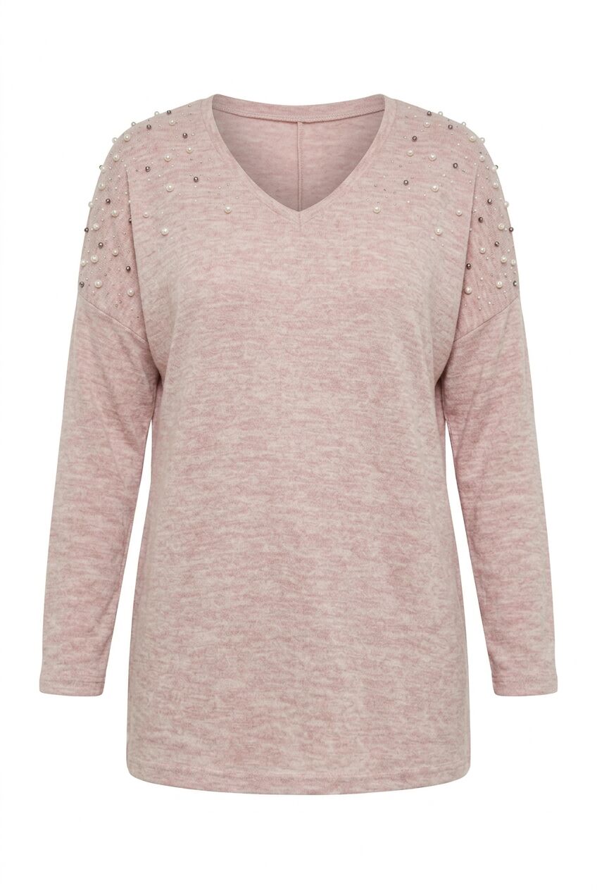 Pembe boncuklu büyük beden kadın sweatshirt ön çekim