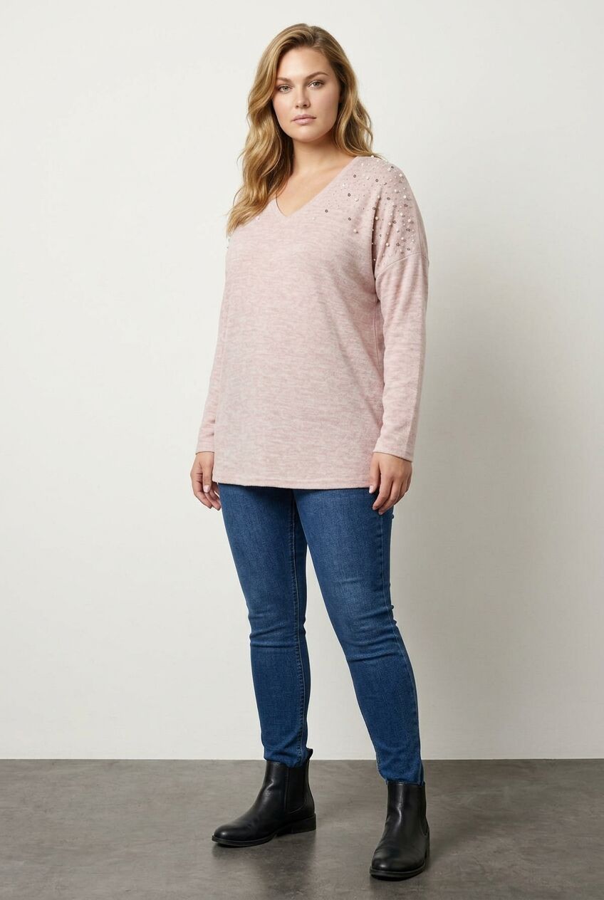 Pembe boncuklu büyük beden kadın sweatshirt ön çekim