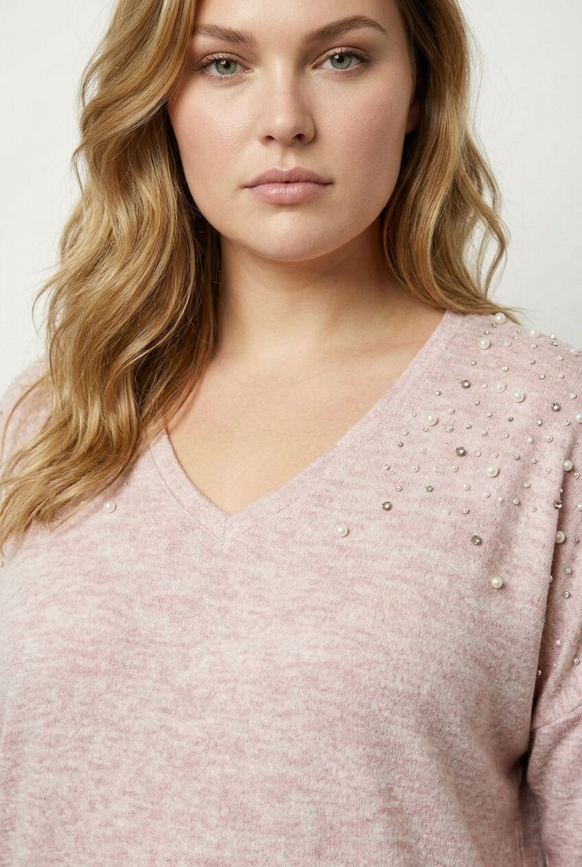 Pembe boncuklu büyük beden kadın sweatshirt ön çekim