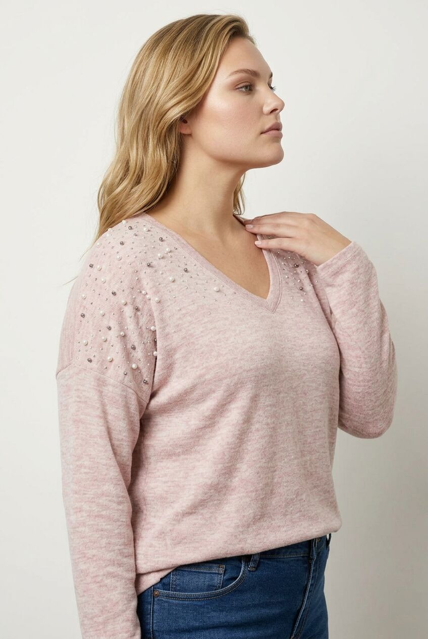Pembe boncuklu büyük beden kadın sweatshirt yan görünüm