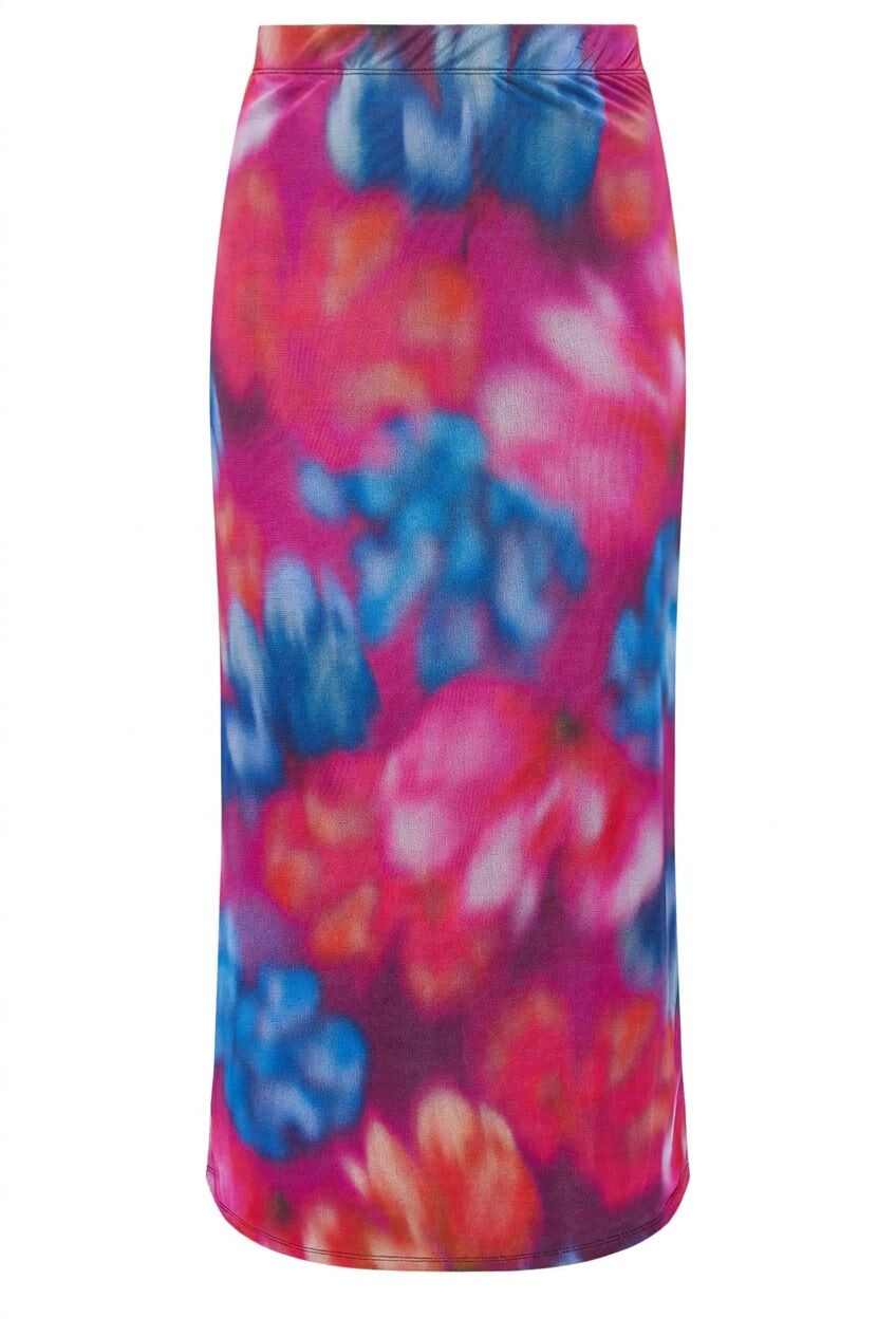 Pembe çiçek desenli büyük beden kadın uzun etek