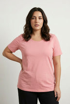 Pembe düz büyük beden kadın kısa kol t-shirt ön