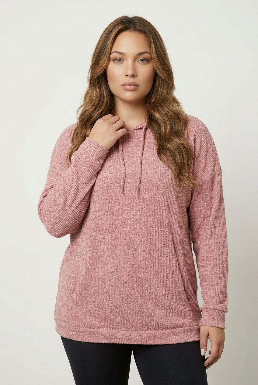 Pembe fitilli büyük beden kadın kapüşonlu sweatshirt ön çekim