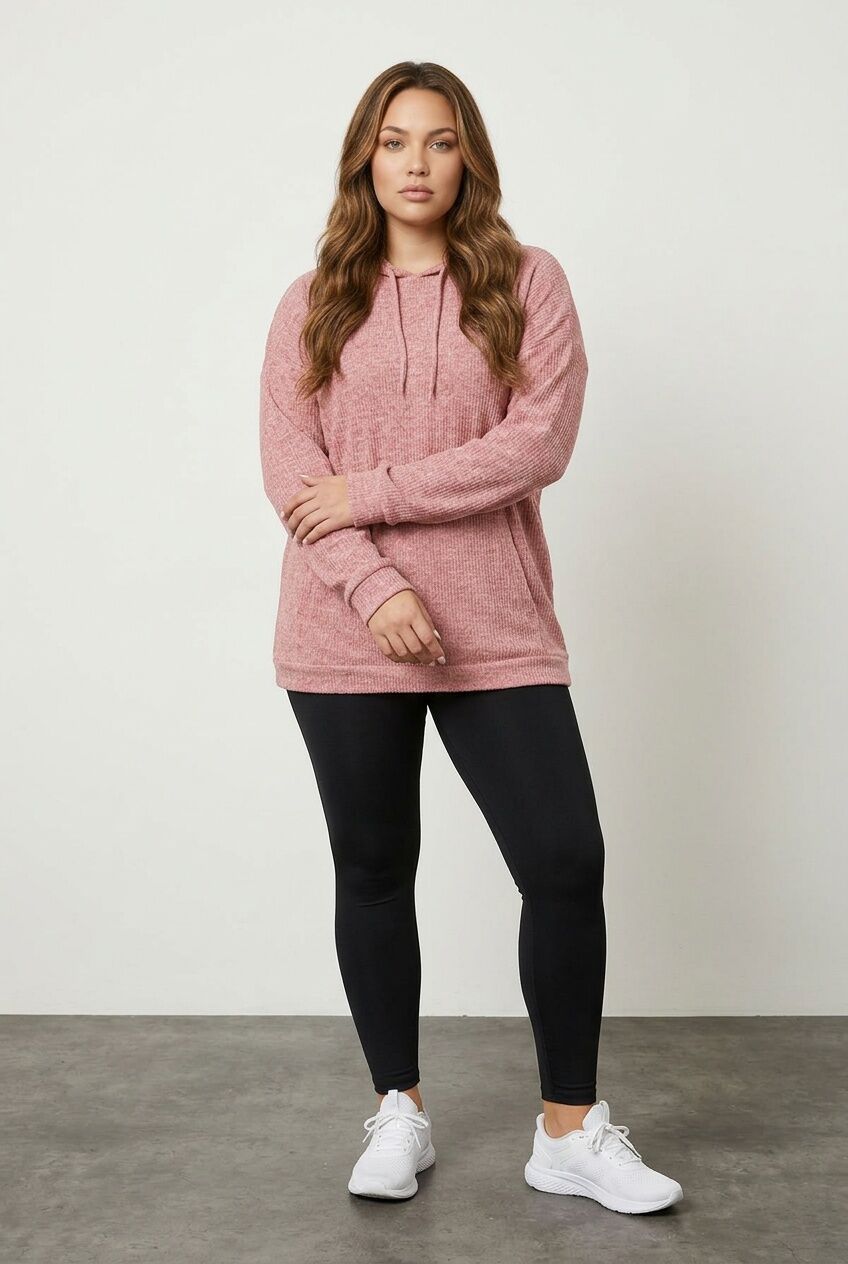 Pembe fitilli büyük beden kadın kapüşonlu sweatshirt ön çekim