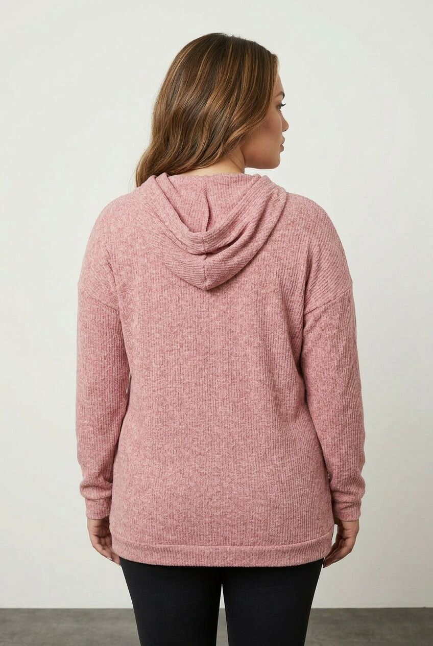 Pembe ince örme büyük beden kadın kapüşonlu sweatshirt arka