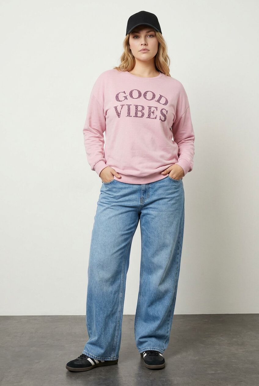 Pembe yazı baskılı büyük beden kadın sweatshirt ön çekim