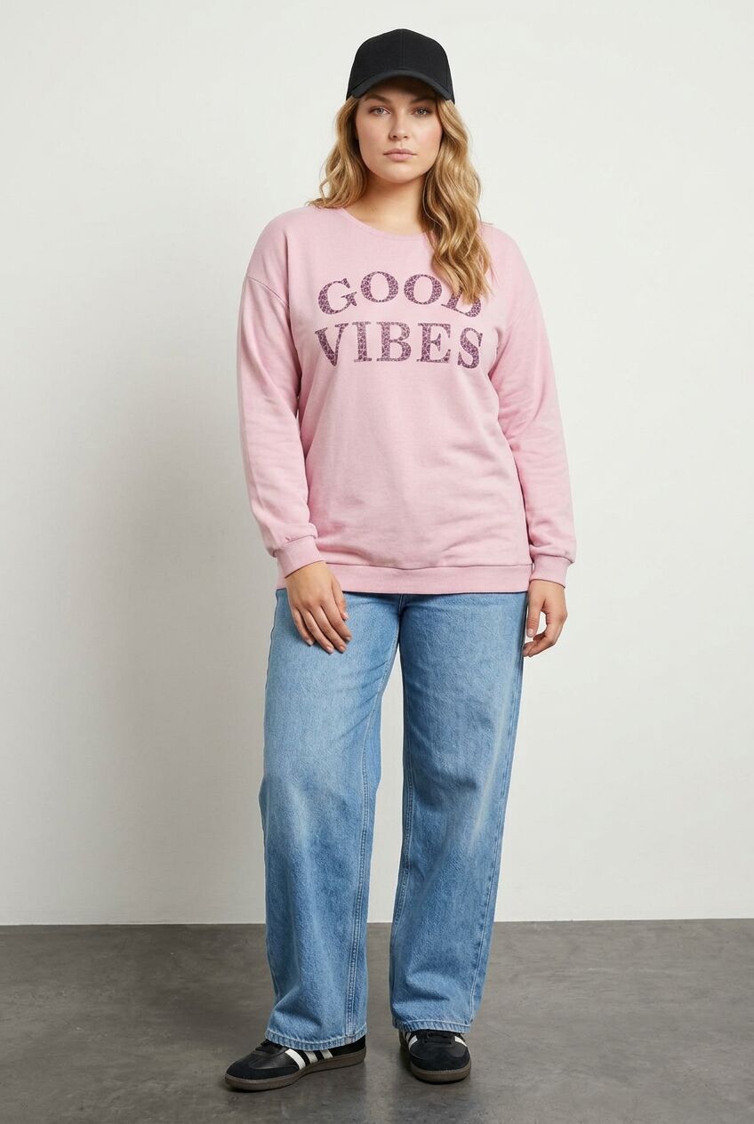 Pembe yazı baskılı büyük beden kadın sweatshirt ön çekim
