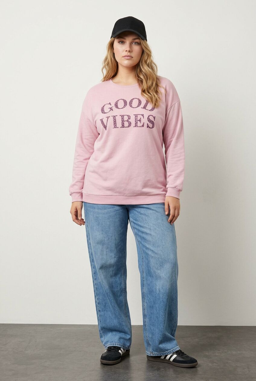 Pembe yazı baskılı büyük beden kadın sweatshirt ön