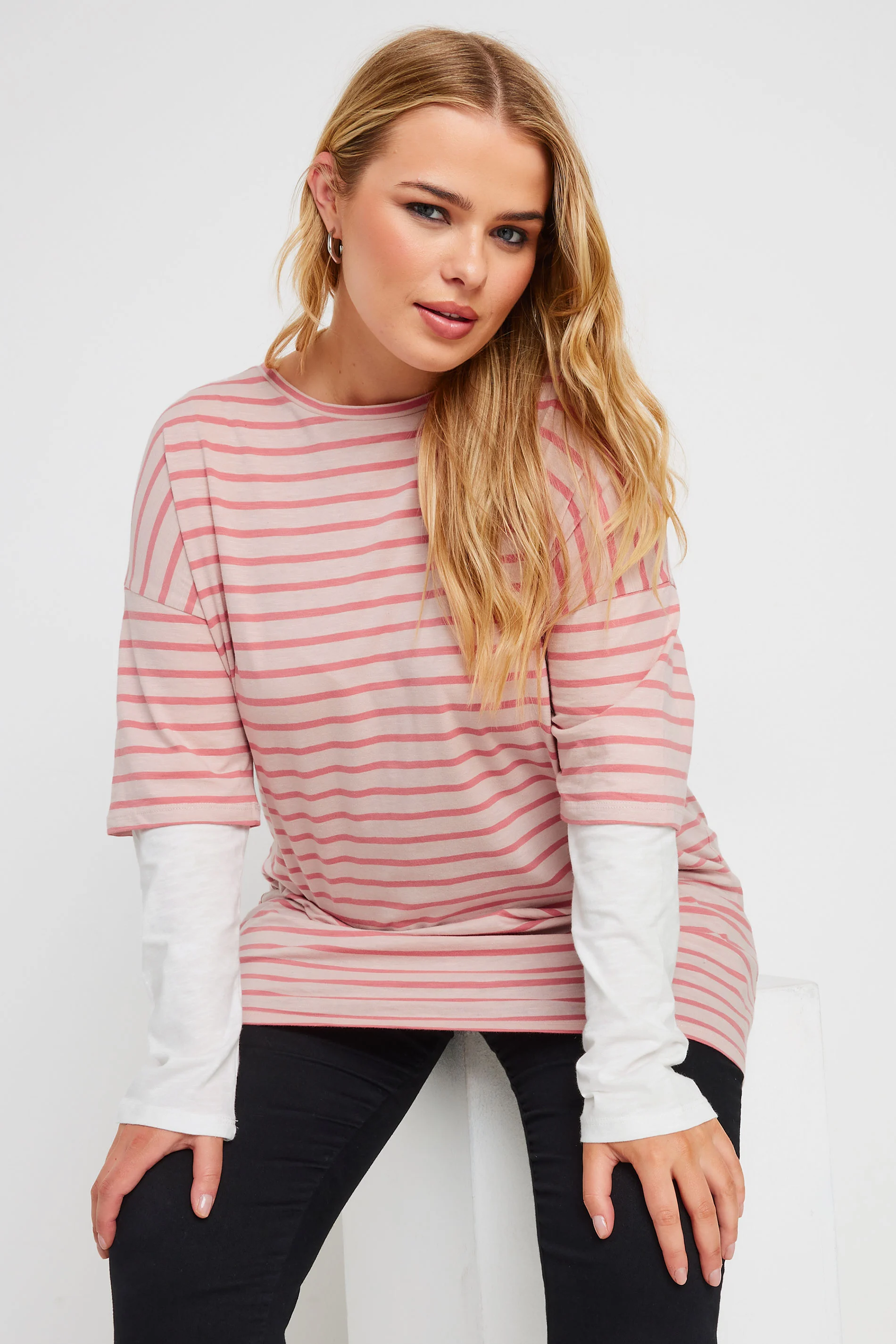 Büyük Beden Bisiklet Yaka Çift Katlı Kolları Çizgili T-shirt 303119