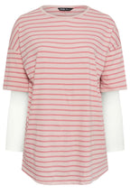 Büyük Beden Bisiklet Yaka Çift Katlı Kolları Çizgili T-shirt 303119