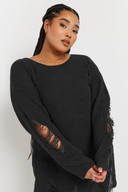 Büyük Beden Uzun Kollu Bisiklet Yaka Yırtık Detaylı Triko Kazak 303582