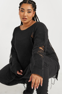 Büyük Beden Uzun Kollu Bisiklet Yaka Yırtık Detaylı Triko Kazak 303582