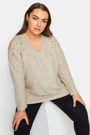 Büyük Beden V Yaka Omuz Detaylı Boncuk İşlemeli Kazak 302776