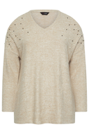 Büyük Beden V Yaka Omuz Detaylı Boncuk İşlemeli Kazak 302776