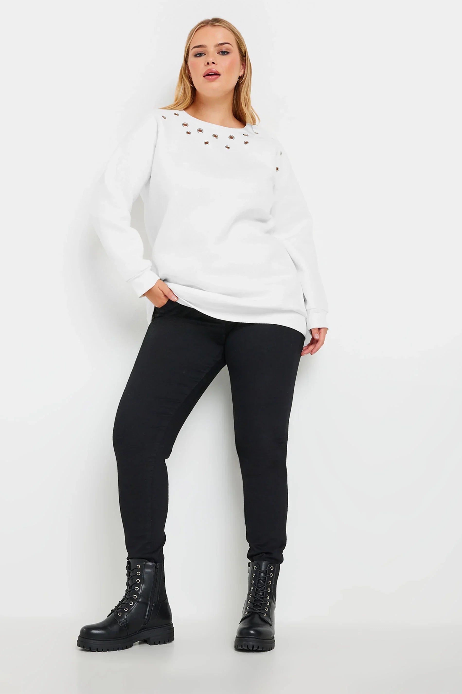 Büyük Beden Bisiklet Yaka Kuşgözü Detaylı Uzun Kollu Sweatshirt 302996
