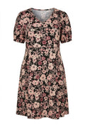 Siyah çiçek desenli büyük beden kadın mini elbise ön