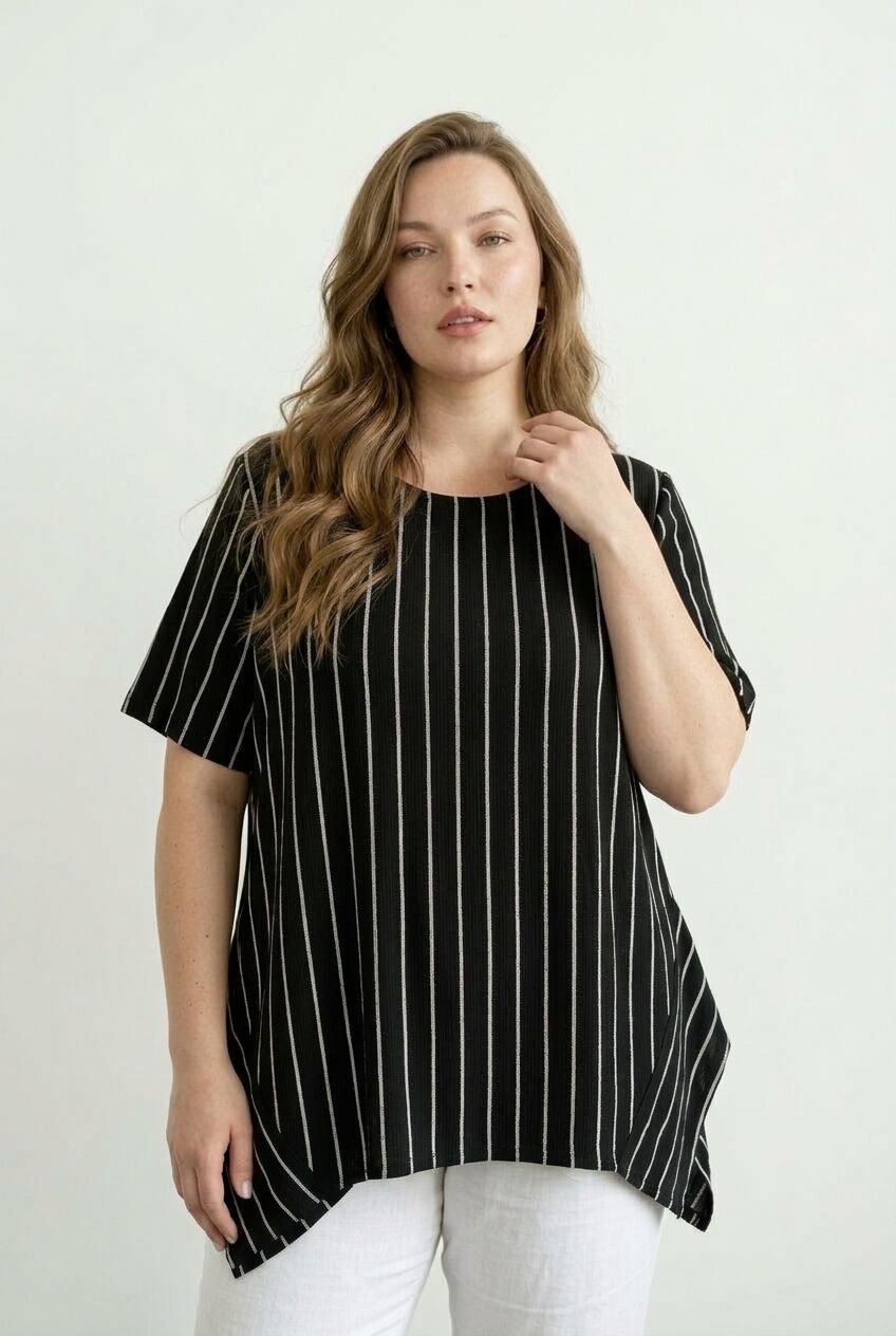 Siyah çizgili büyük beden kadın bisiklet yaka t-shirt ön