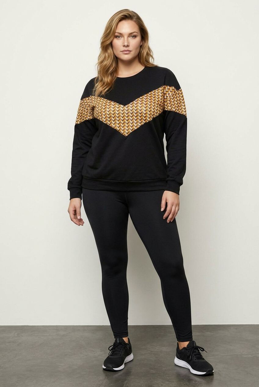 Siyah desenli büyük beden kadın sweatshirt ön çekim