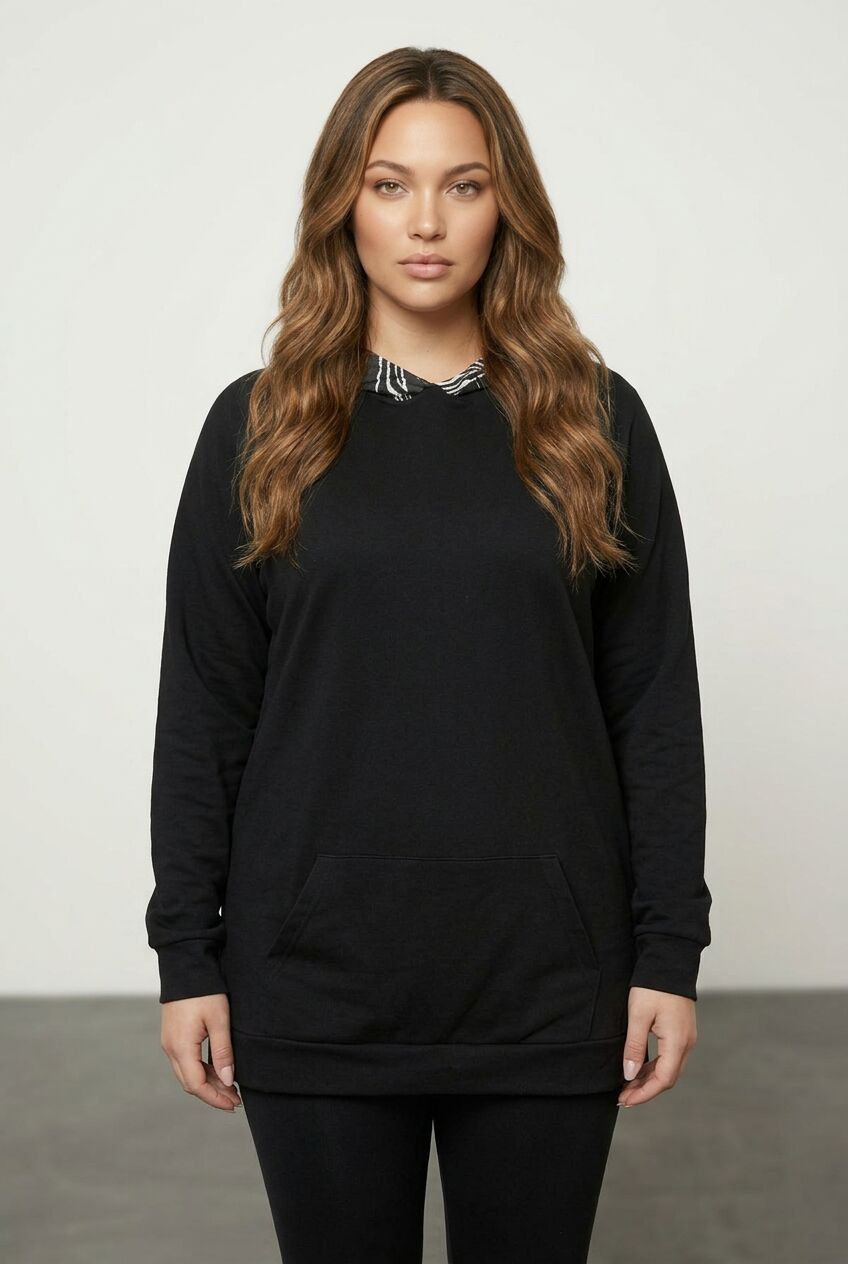 Siyah desenli büyük beden kadın sweatshirt ön çekim