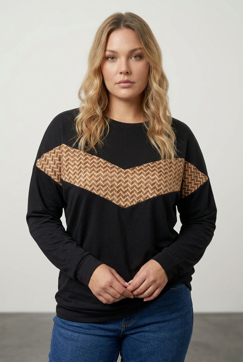 Siyah desenli büyük beden kadın sweatshirt ön çekim