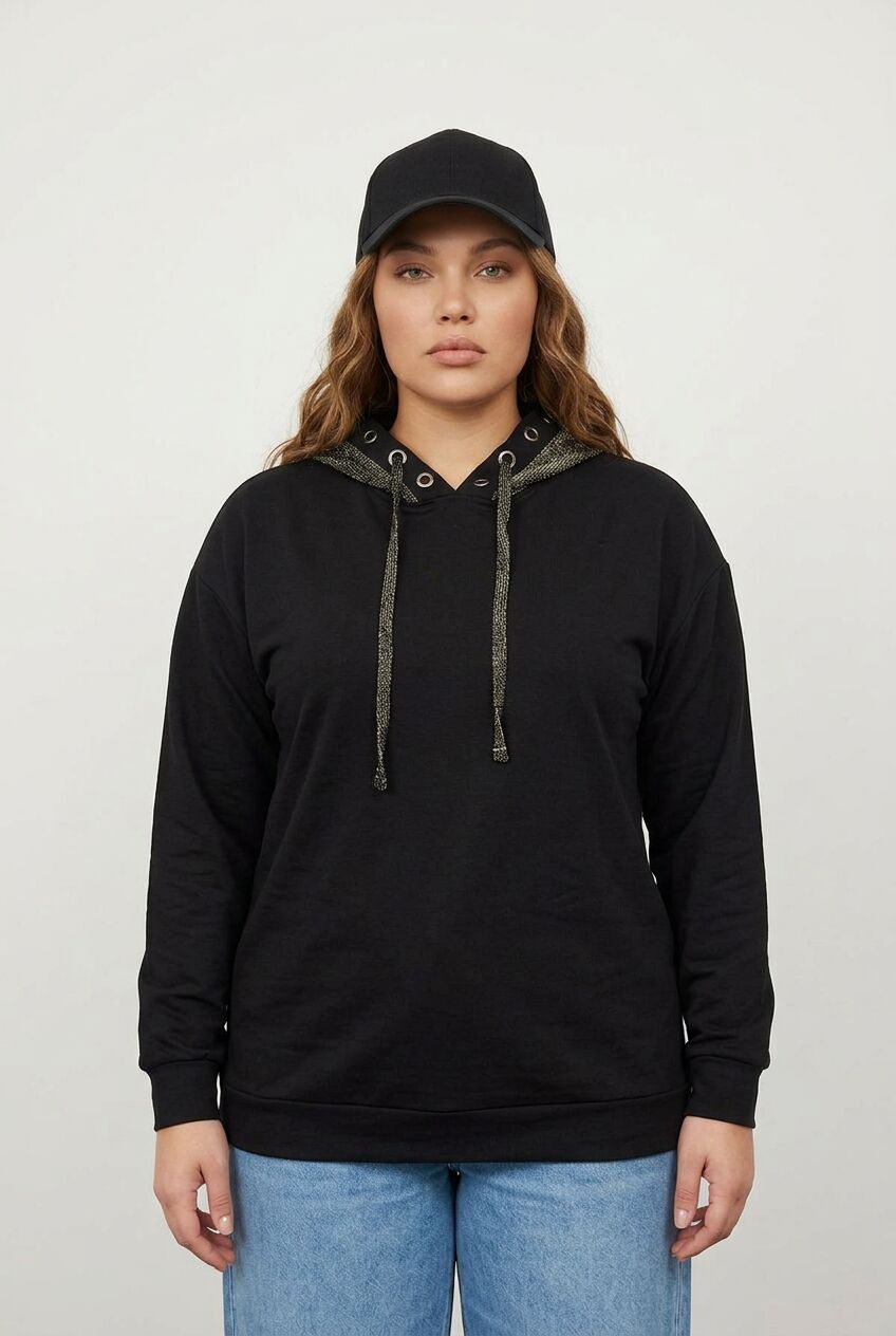 Siyah desenli büyük beden kadın sweatshirt ön çekim