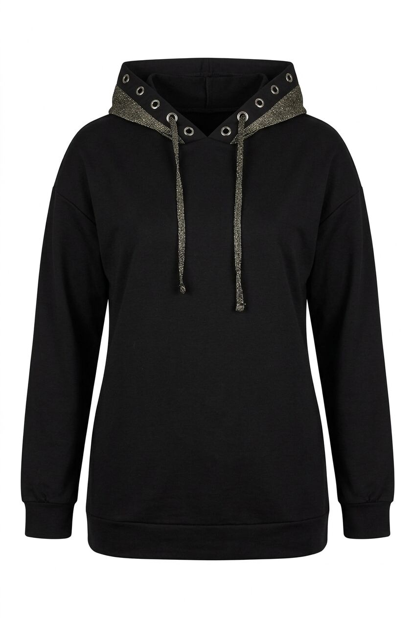 Siyah desenli kapüşonlu büyük beden kadın sweatshirt ön görünüm