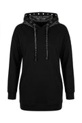 Siyah desenli kapüşonlu büyük beden kadın sweatshirt ön