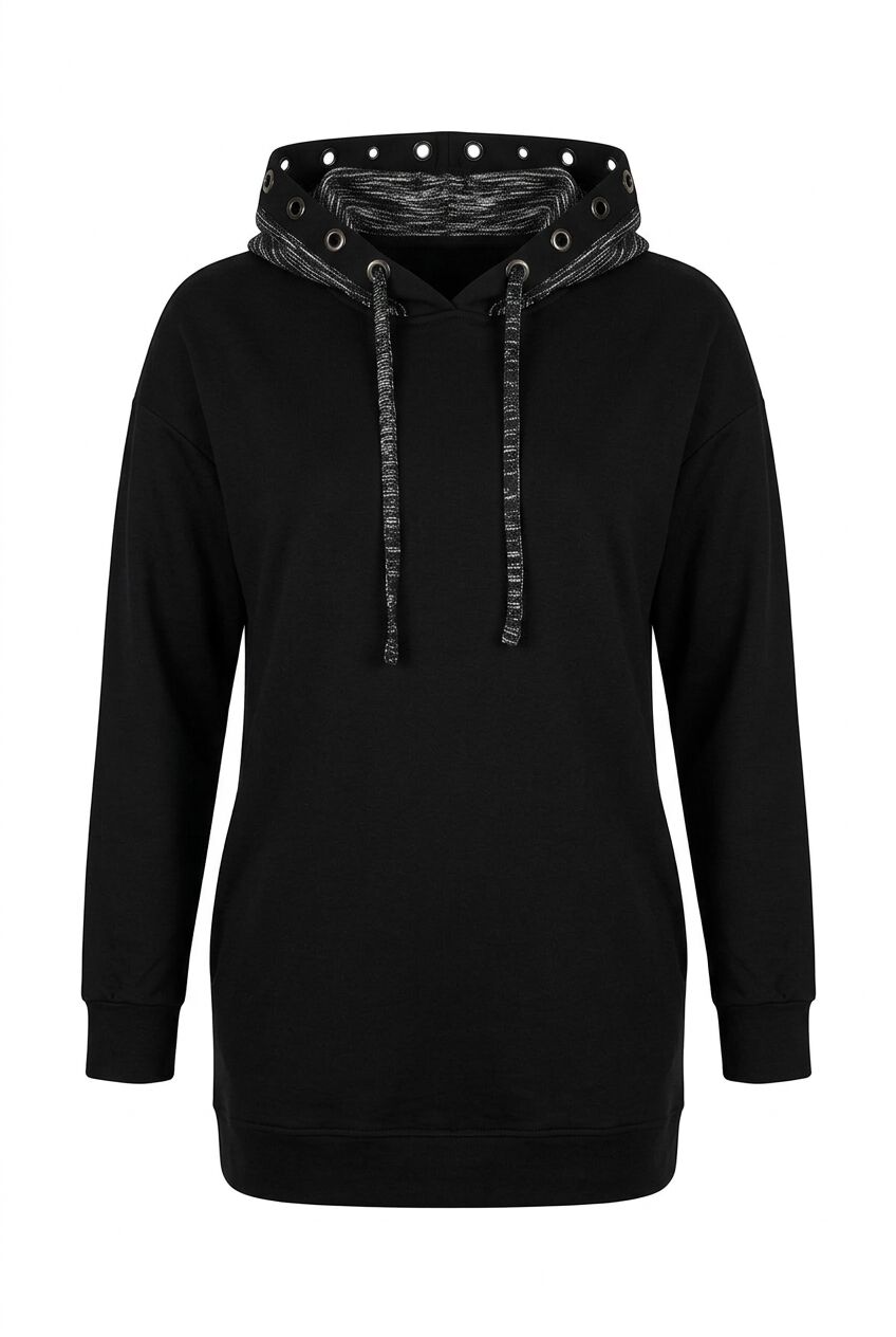 Siyah desenli kapüşonlu büyük beden kadın sweatshirt ön