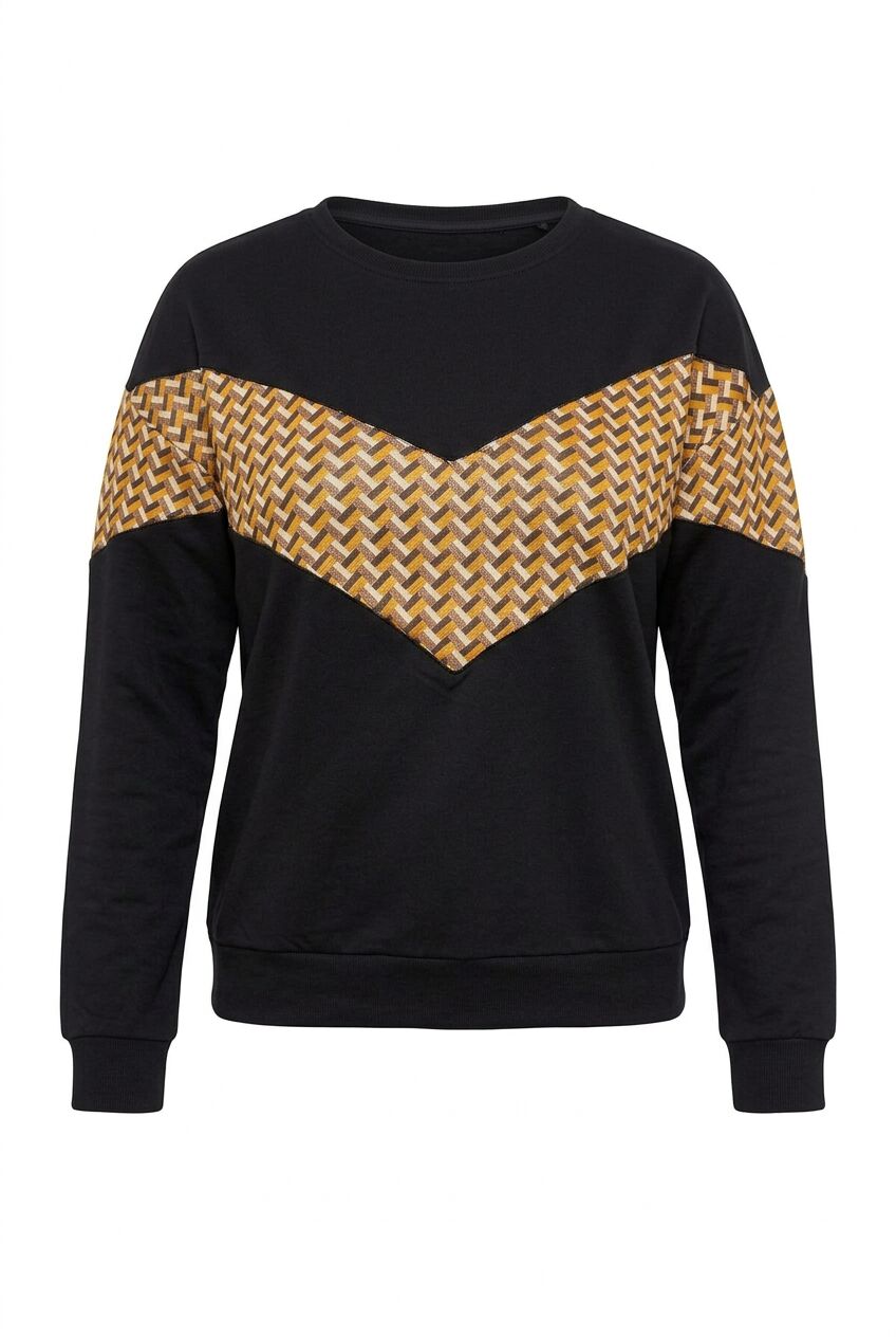 Siyah geometrik desenli büyük beden kadın sweatshirt ön