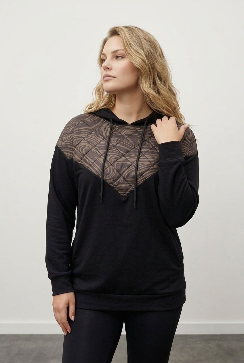 Siyah kapitone detaylı büyük beden kadın kapüşonlu sweatshirt ön