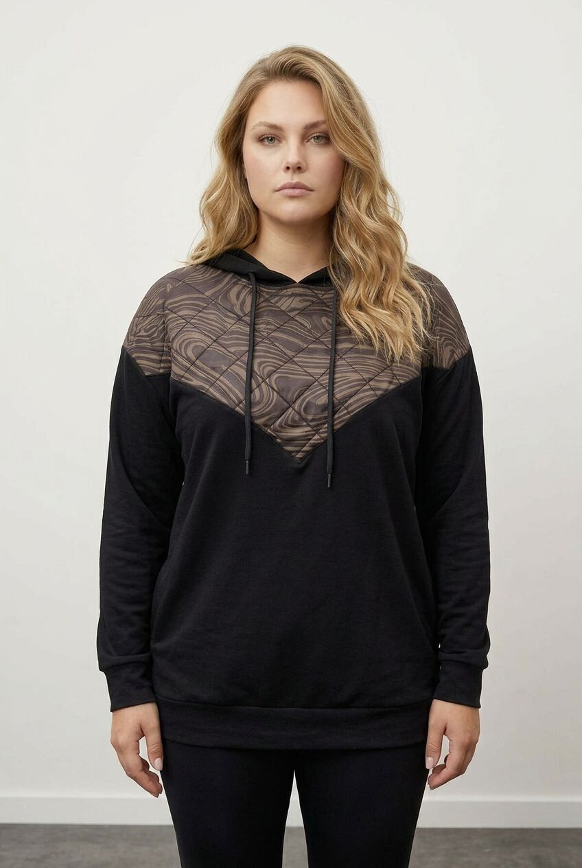 Siyah kapitone detaylı büyük beden kadın kapüşonlu sweatshirt ön