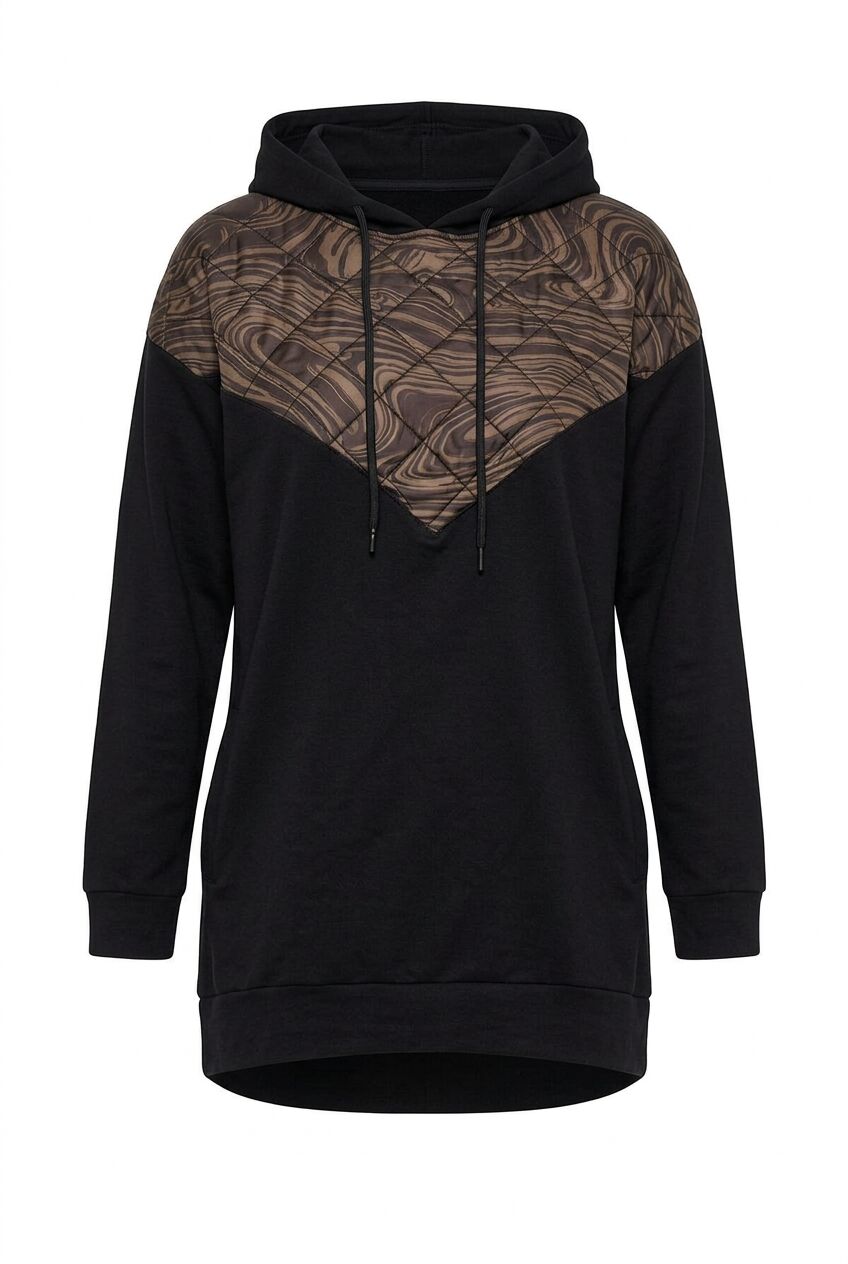 Siyah kapitone detaylı büyük beden kadın sweatshirt ön çekim