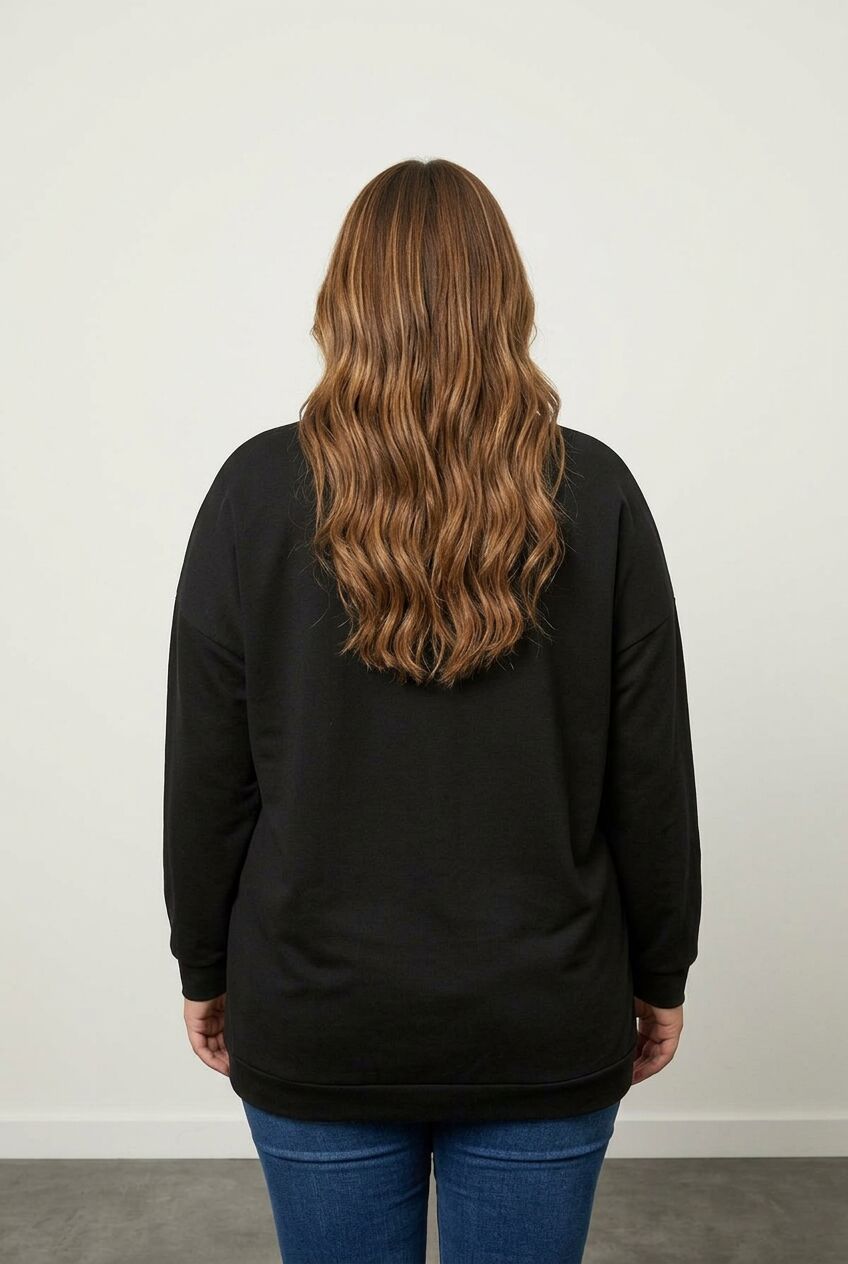 Siyah leopar desenli büyük beden kadın sweatshirt arka