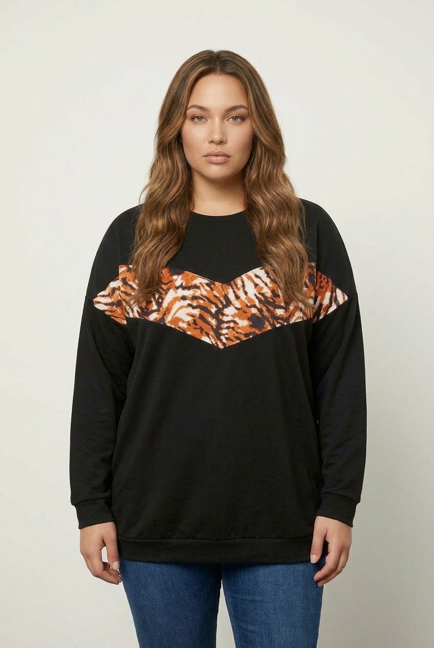 Siyah leopar desenli büyük beden kadın sweatshirt ön çekim