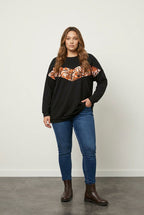 Siyah leopar desenli büyük beden kadın sweatshirt ön görünüm