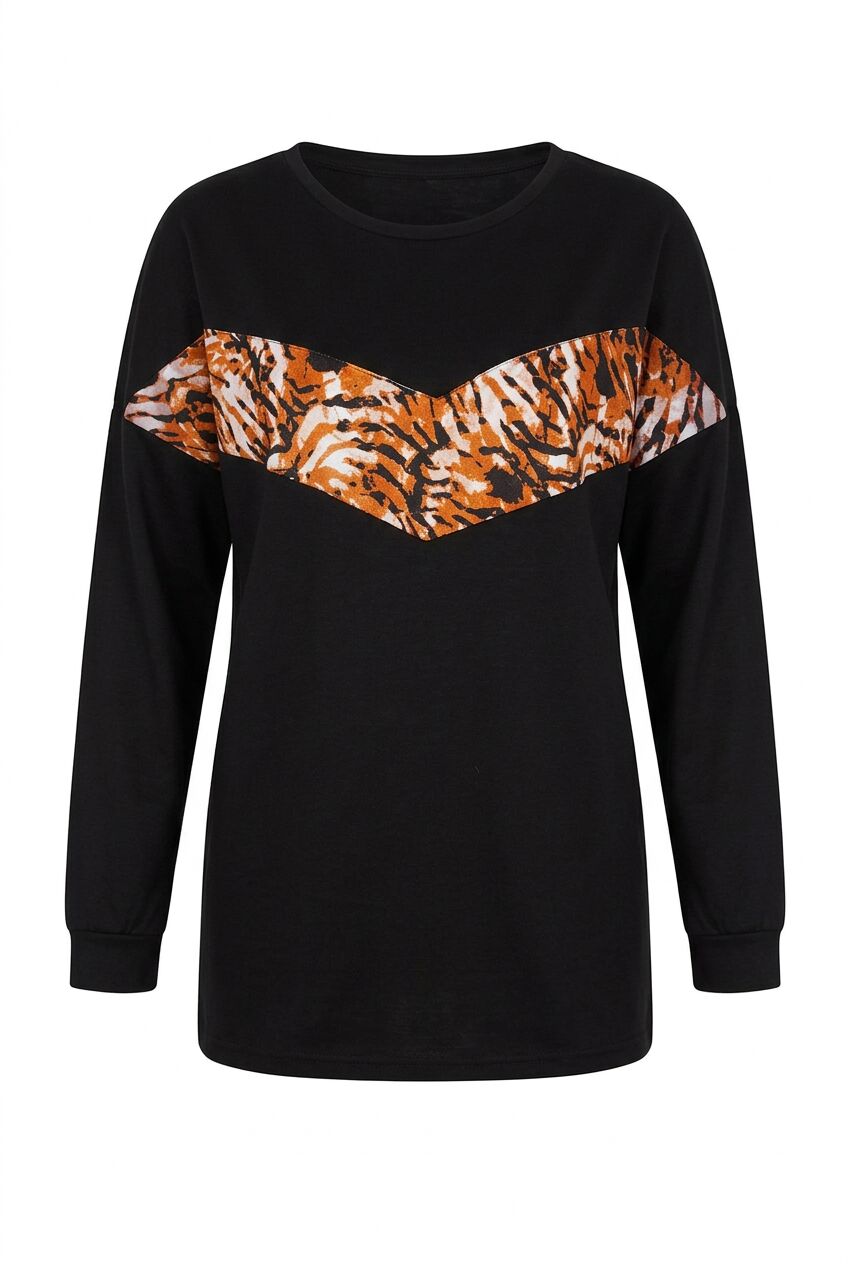 Siyah leopar desenli büyük beden kadın sweatshirt ön